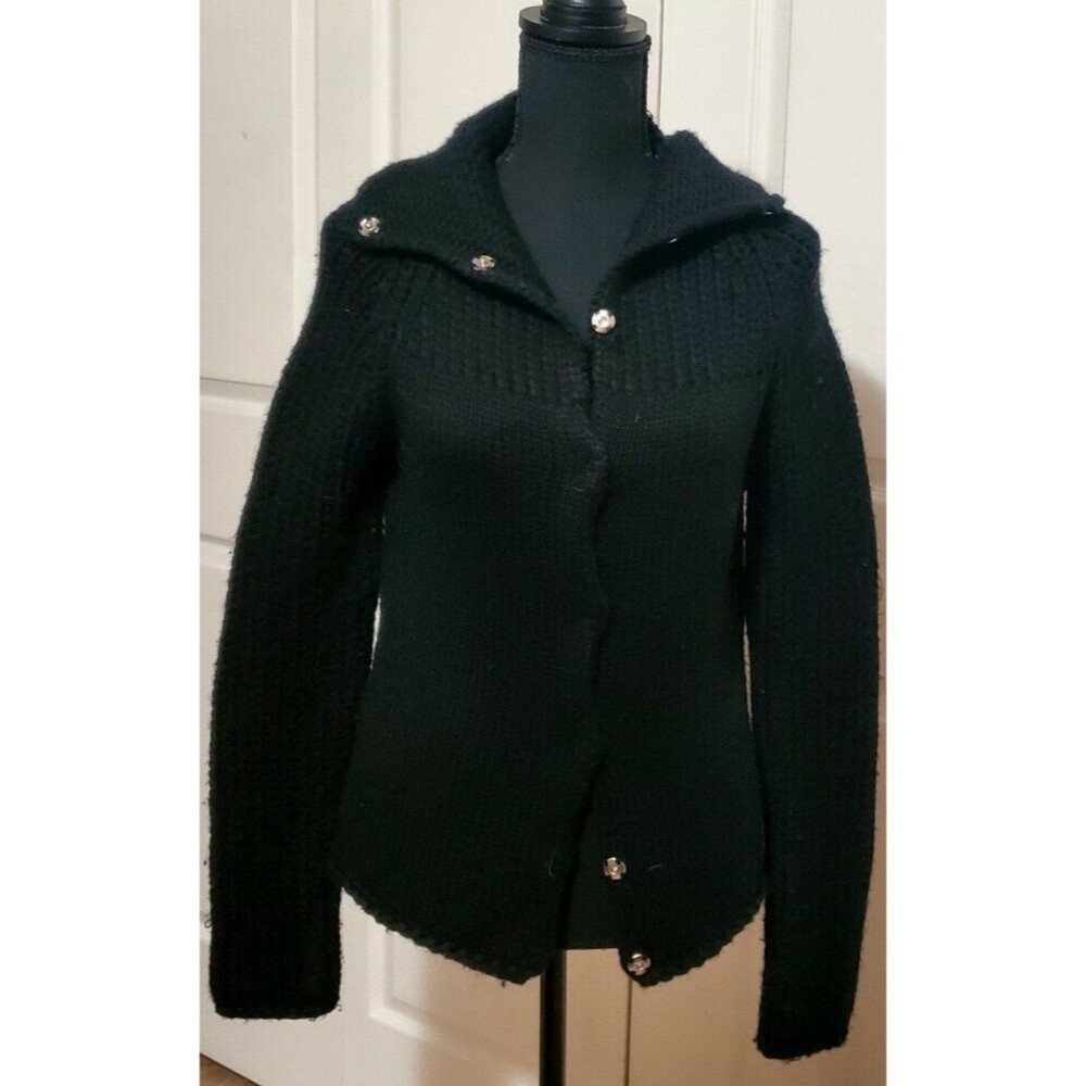 GAP Womens Small Wool Blend Sweater Black Snap Up Collared V-Neck Cardigan EUC